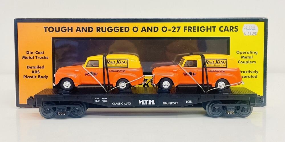 MTH Transport Flat Car w/ Ertl 51' Panel Vans 30-7681 New READ